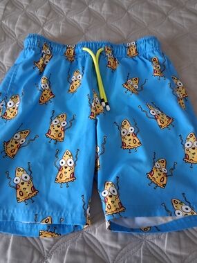 Surfcuz boys Blue Pizza Cartoon Swim Trunks with Neon Drawstring size 10/12
